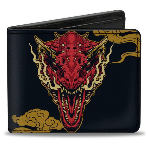 Bi-Fold Wallet - HOUSE OF THE DRAGON CARAXES Breathing Fire Pose and Clouds Black Yellow Red Hot on Sale