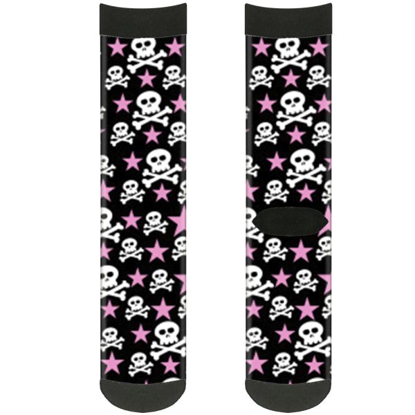 Sock Pair - Polyester - Skulls & Stars Black White Pink - CREW For Cheap