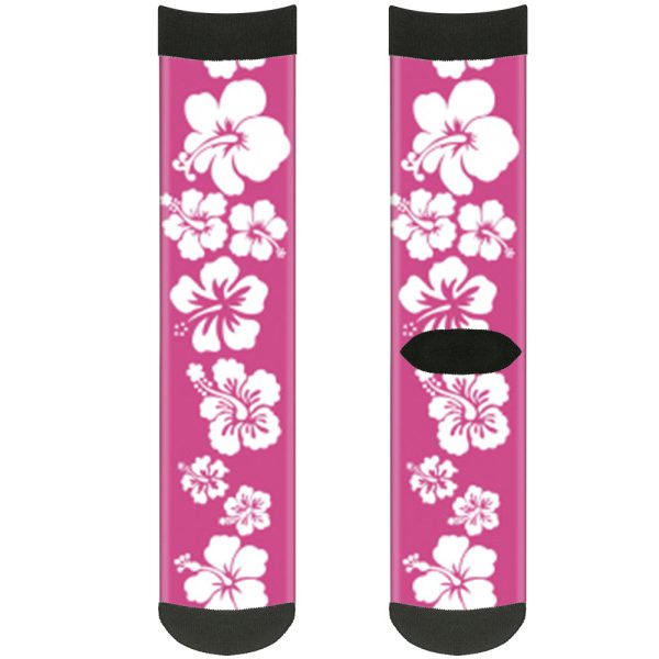 Sock Pair - Polyester - Hibiscus Neon Pink White - CREW For Cheap