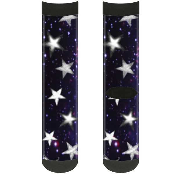 Sock Pair - Polyester - Glowing Stars in Space Black Purple White - CREW For Sale