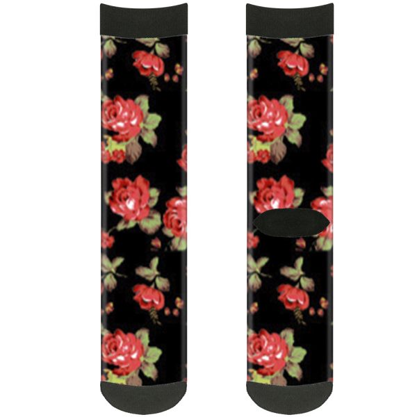 Sock Pair - Polyester - Red Roses Scattered Black - CREW For Discount
